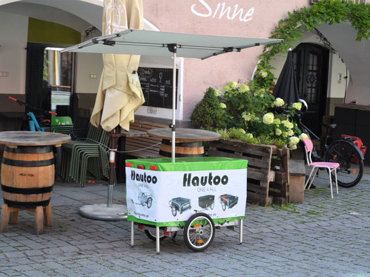 Infostand / Marktstand Aufbau für HAUTOO Fahrrad-Lastenanhänger